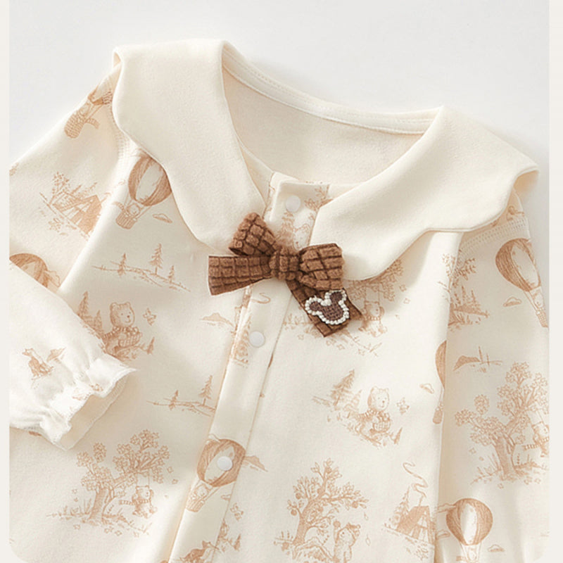 100% Cotton Long Sleeve Snap-Up Romper - Bowknot with Flowers - Organic Cotton Clubs