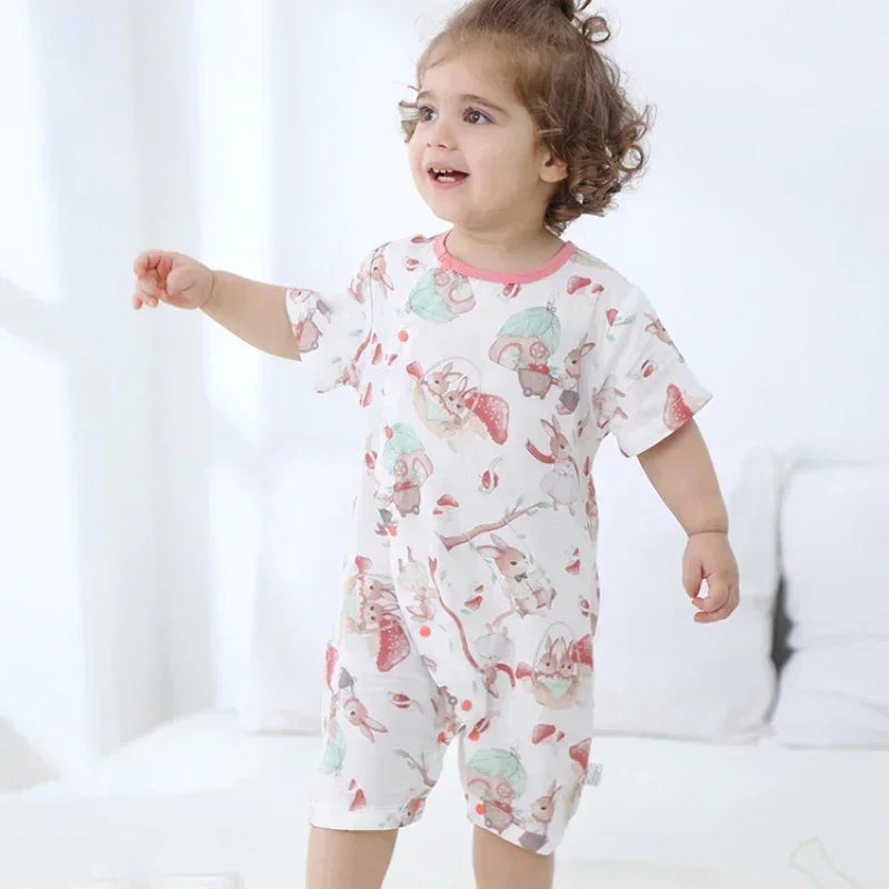Cotton & Bamboo Muslin Short Sleeve Romper - Panda - Organic Cotton Clubs
