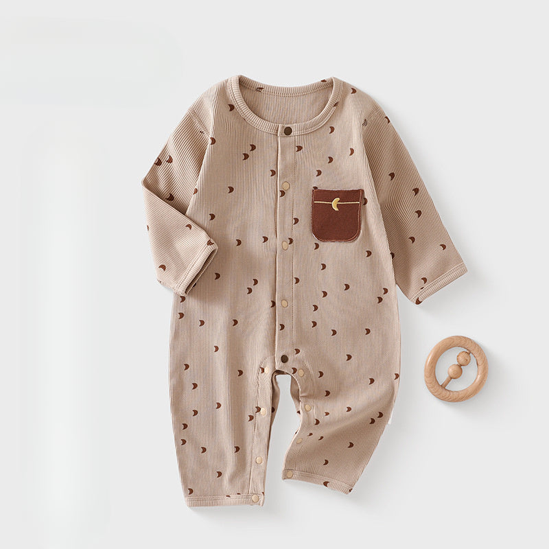 Cotton Snap-Up Long Sleeve Romper - Brown Moon - Organic Cotton Clubs