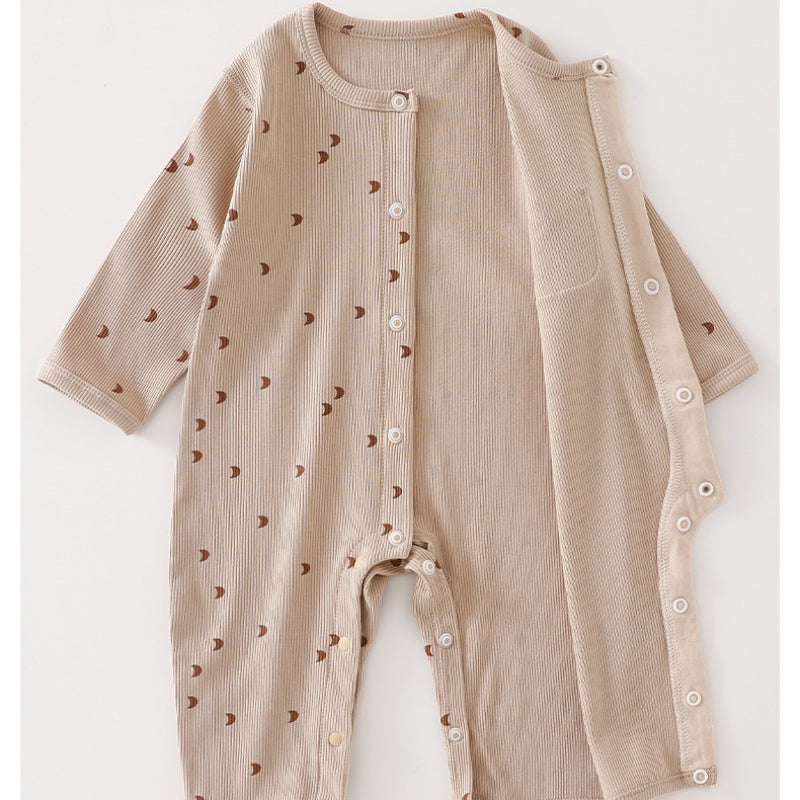 Cotton Snap-Up Long Sleeve Romper - Brown Moon - Organic Cotton Clubs