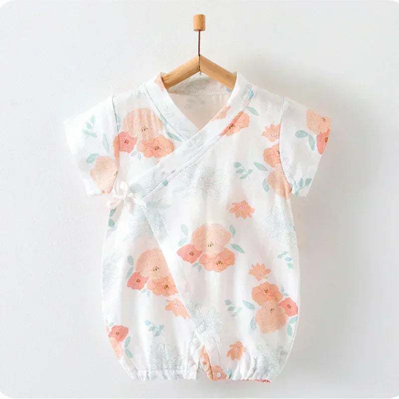 Cotton & Bamboo Muslin Short Sleeve Romper - Water Lily - Organic Cotton Clubs