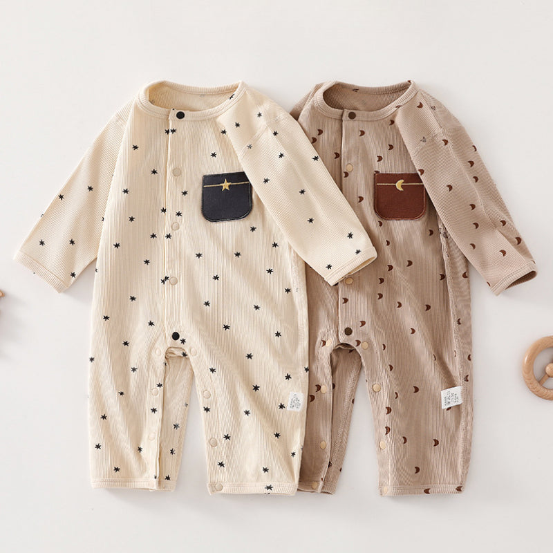 Cotton Snap-Up Long Sleeve Romper - Brown Moon - Organic Cotton Clubs