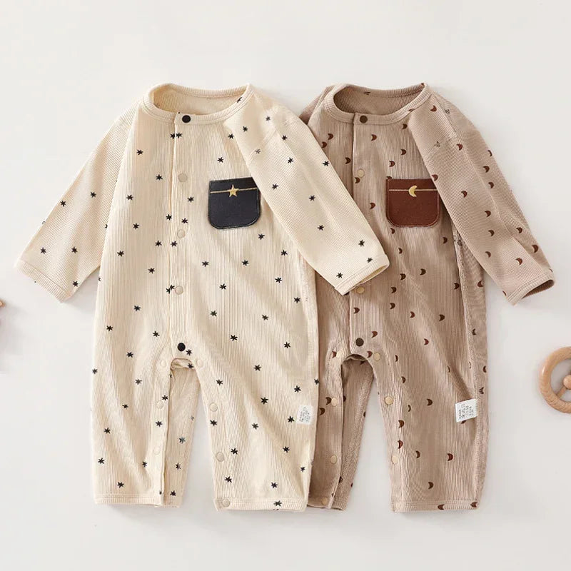 Cotton Snap-Up Long Sleeve Romper - Brown Moon - Organic Cotton Clubs