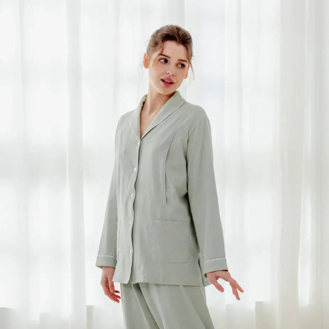 Cotton Button-Up Maternity Pajama- Green - Organic Cotton Clubs