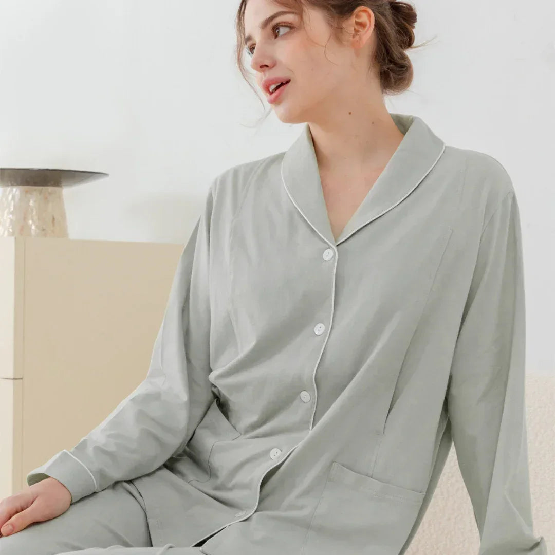 Cotton Button-Up Maternity Pajama- Green - Organic Cotton Clubs