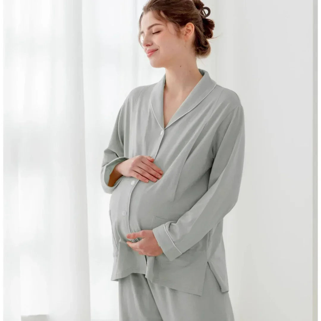 Cotton Button-Up Maternity Pajama- Green - Organic Cotton Clubs