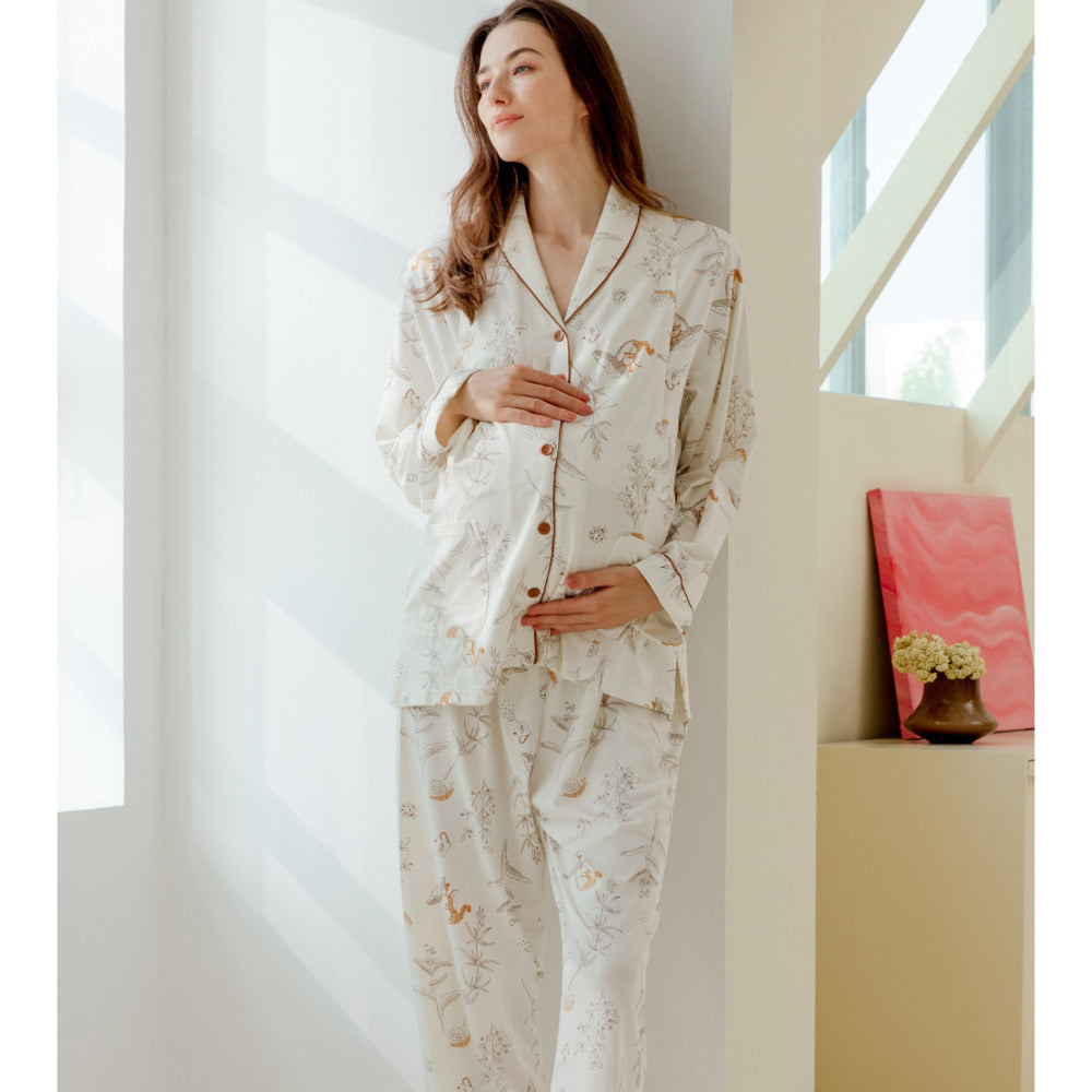 Cotton Button-Up Maternity Pajama- Green Leave - Organic Cotton Clubs