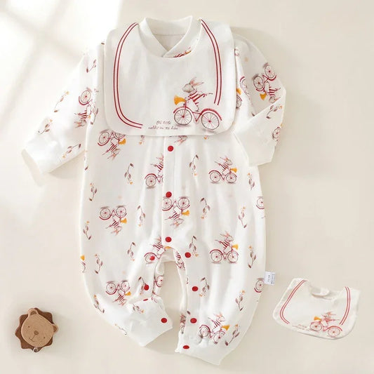 100% Cotton Long Sleeve Romper with Bib - Bunny with Bicycle - Organic Cotton Clubs