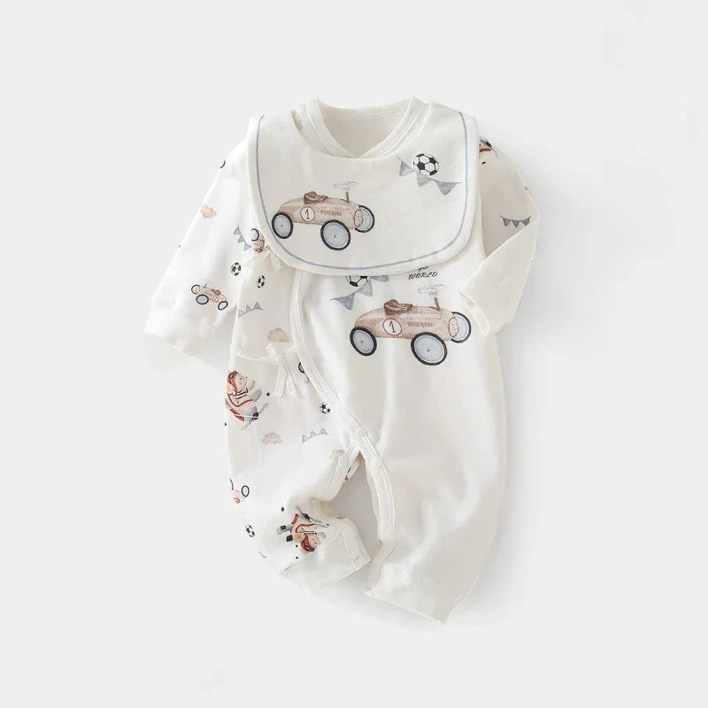 100% Cotton Long Sleeve Romper with Bib - Bunny with Bicycle - Organic Cotton Clubs