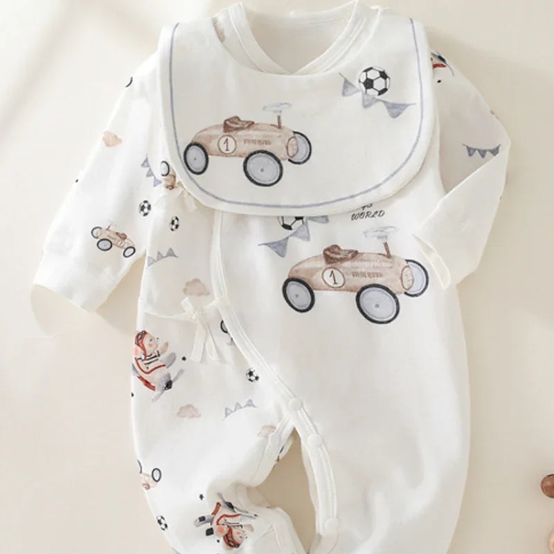 100% Cotton Long Sleeve Romper with Bib - Bunny with Bicycle - Organic Cotton Clubs