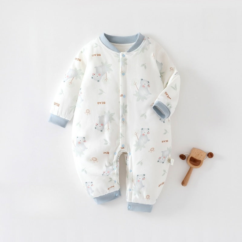 100% Cotton Quilted Long Sleeve Snap-Up Romper - Blue Pirate Ship
