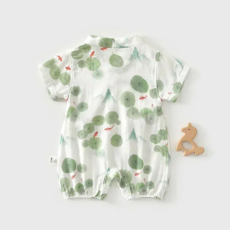 Cotton & Bamboo Muslin Short Sleeve Kimono Romper - Lemon - Organic Cotton Clubs