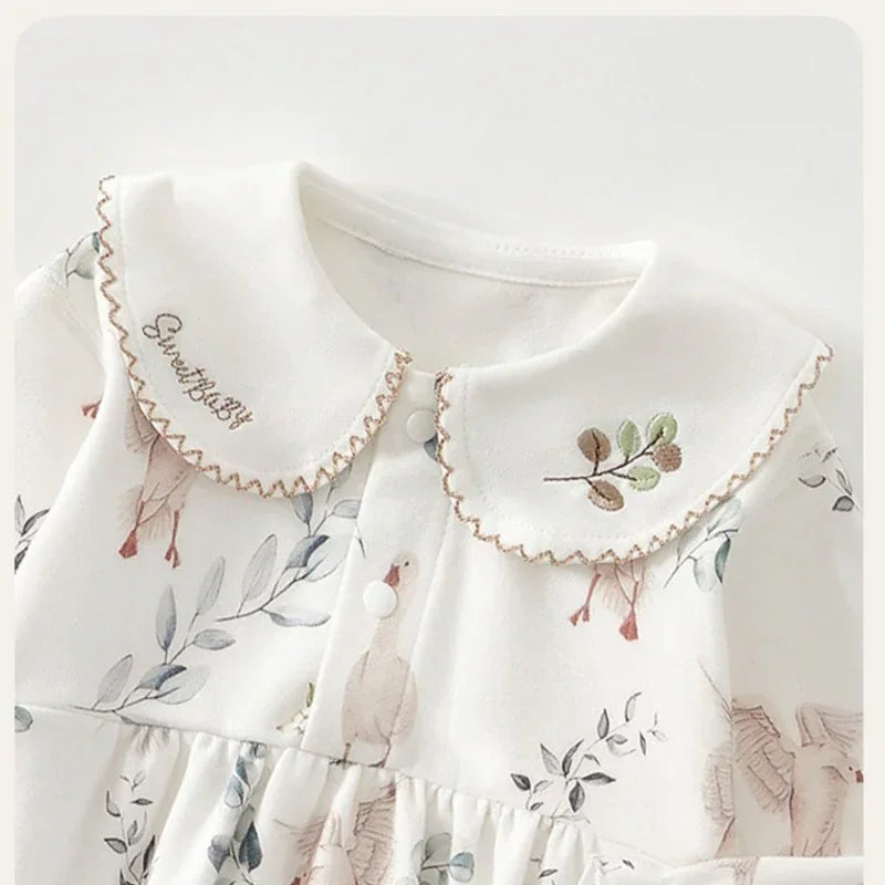 100% Cotton Long Sleeve Overhead Bodysuit - White Crane