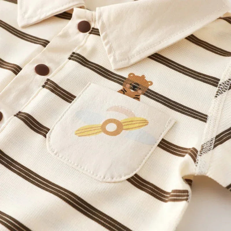 Cotton Short Sleeve Snap-Up Romper - Red Stripe & Bear - Organic Cotton Clubs