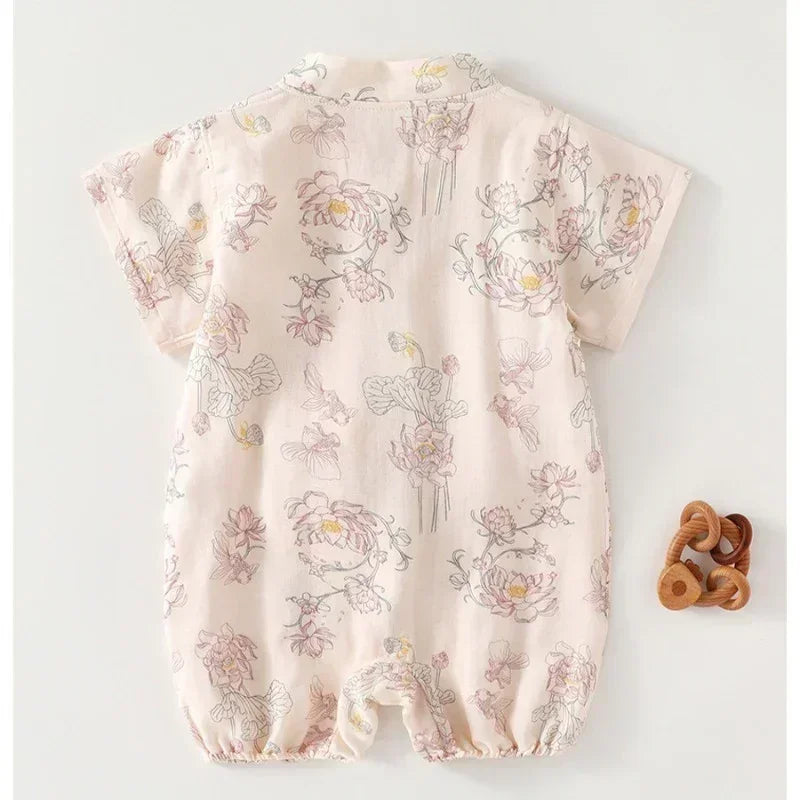 Cotton & Bamboo Muslin Short Sleeve Kimono Romper - Flamingos & Giraffes - Organic Cotton Clubs
