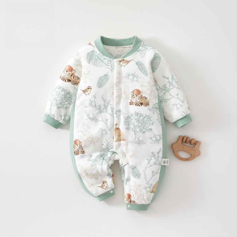 100% Cotton Long Sleeve Snap-Up Quilted Romper - Green Cookie Bear