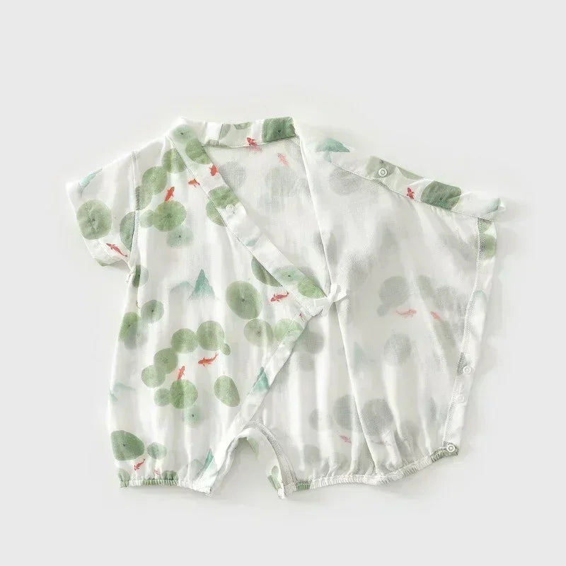 Cotton & Bamboo Muslin Short Sleeve Kimono Romper - Lemon - Organic Cotton Clubs