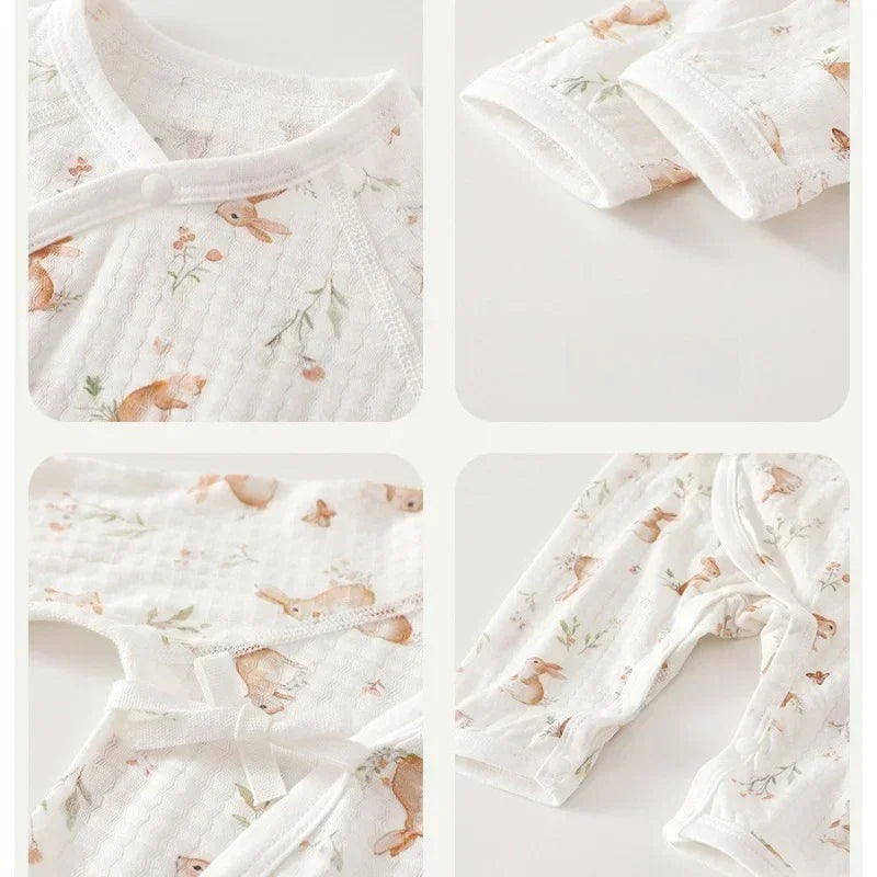 100% Cotton Long Sleeve Kimono Romper - Bunny & Blue Flowers