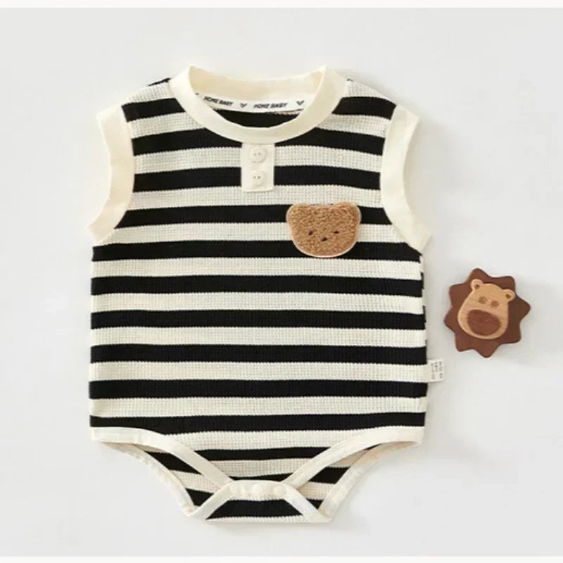 Cotton Sleeveless Overhead Bodysuit - Red Stripe & Bear - Organic Cotton Clubs