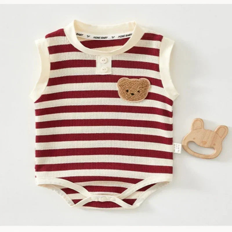 Cotton Sleeveless Overhead Bodysuit - Red Stripe & Bear - Organic Cotton Clubs