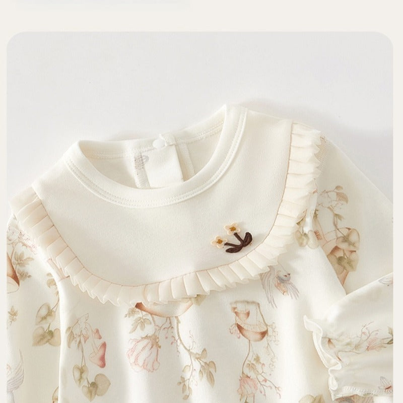 100% Cotton Long Sleeve Pullover Bodysuit - Pigeon with Flower