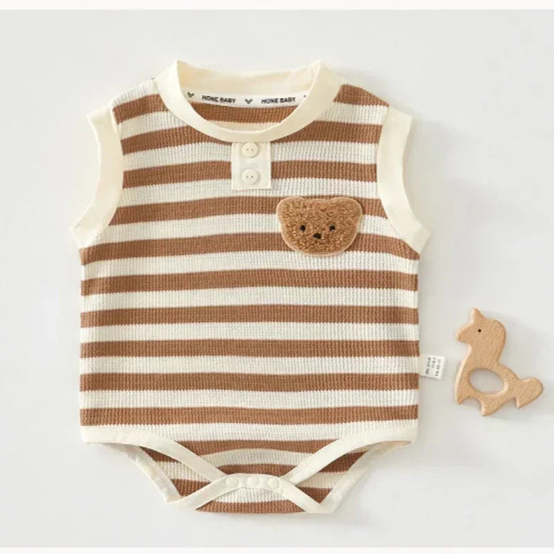 Cotton Sleeveless Overhead Bodysuit - Red Stripe & Bear - Organic Cotton Clubs
