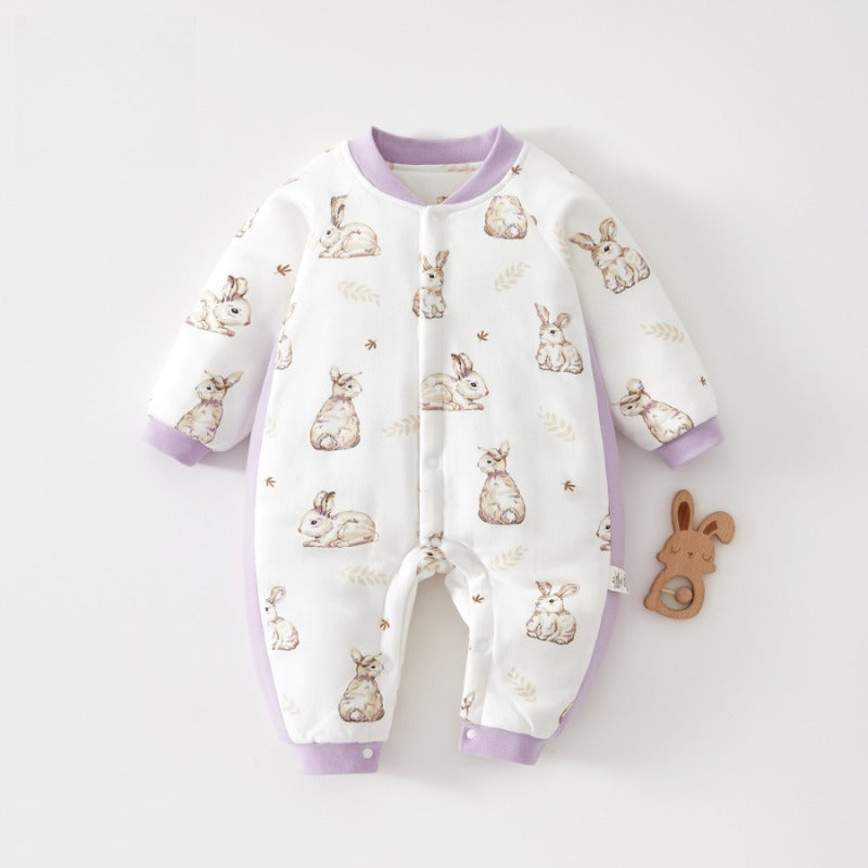 100% Cotton Long Sleeve Snap-Up Quilted Romper - Purple Bear