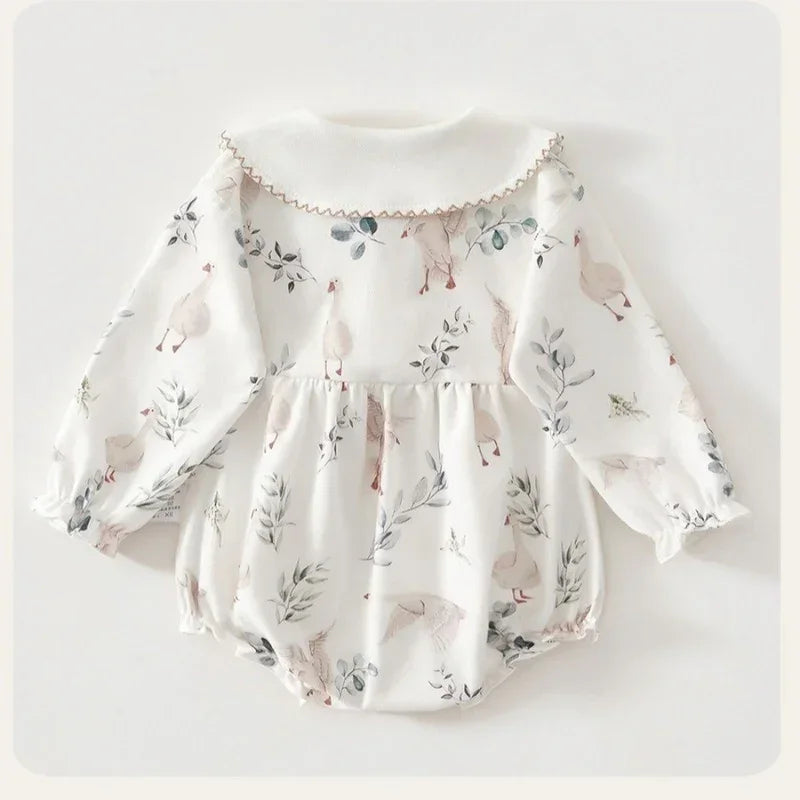 100% Cotton Long Sleeve Overhead Bodysuit - White Crane