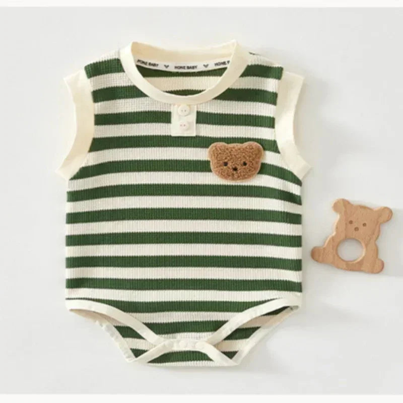 Cotton Sleeveless Overhead Bodysuit - Red Stripe & Bear - Organic Cotton Clubs