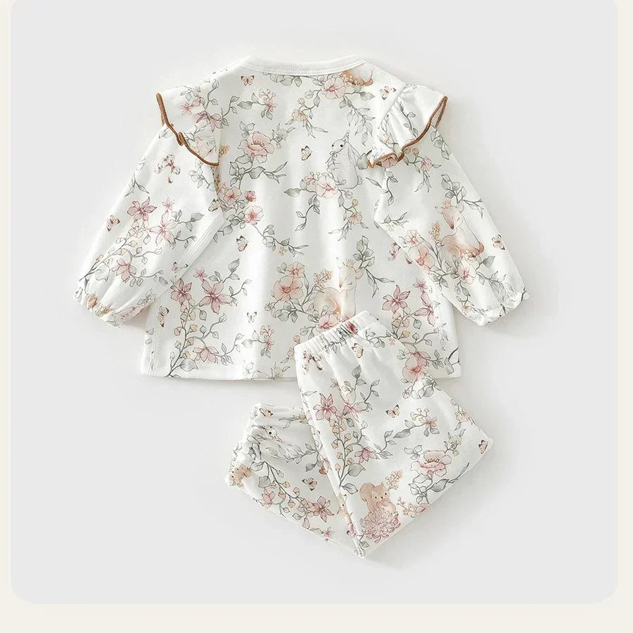 100% Cotton Long Sleeve Top & Pants Set - Floral Garden