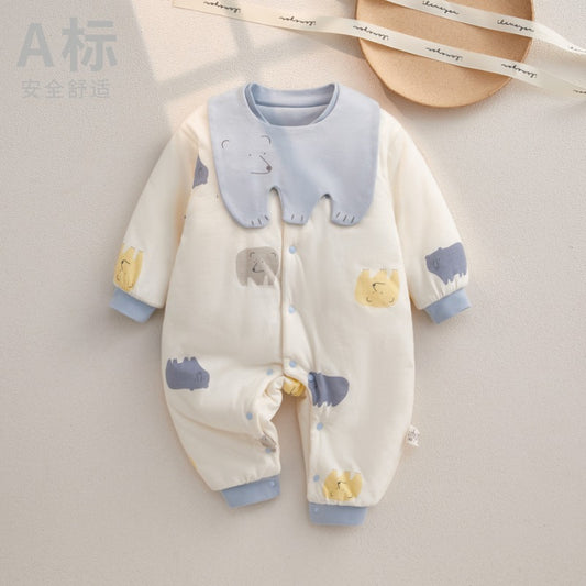 100% Cotton Extra Warm Long Sleeve Quilted Romper with Bib- Blue Bear
