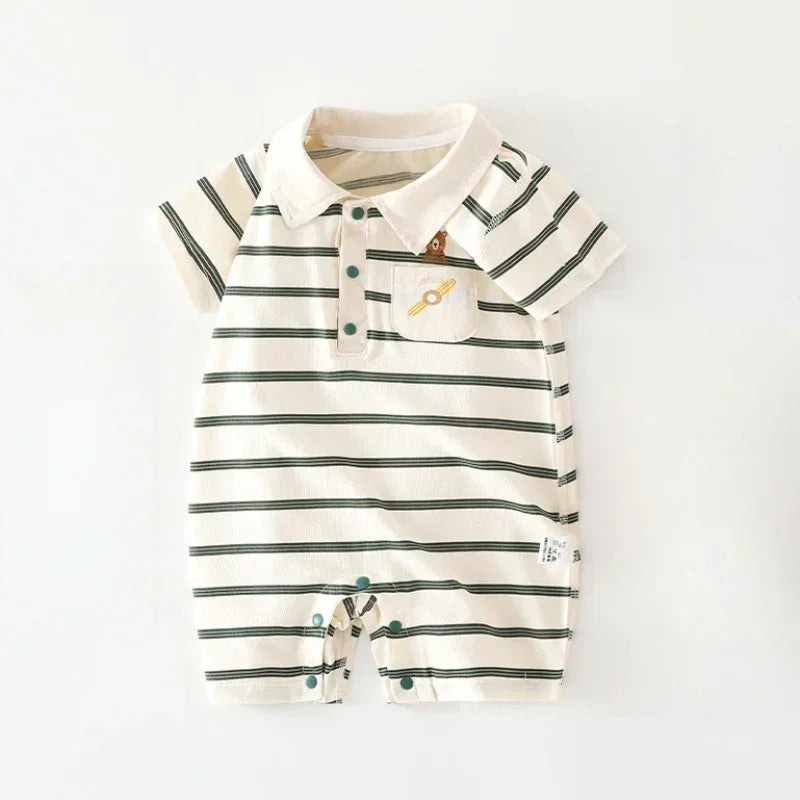 Cotton Short Sleeve Snap-Up Romper - Red Stripe & Bear - Organic Cotton Clubs