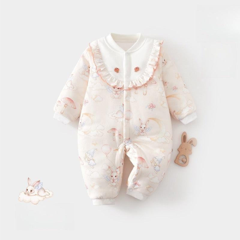 100% Cotton Long Sleeve Snap-Up Quilted Romper - Pink Bunny Garden
