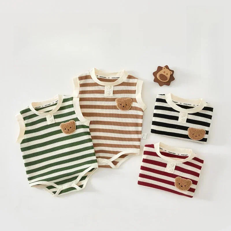 Cotton Sleeveless Overhead Bodysuit - Red Stripe & Bear - Organic Cotton Clubs