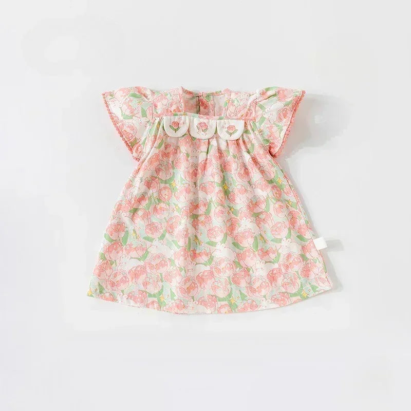 100% Cotton Short Sleeve Dress - Red Bowknot Garden - Organic Cotton Clubs