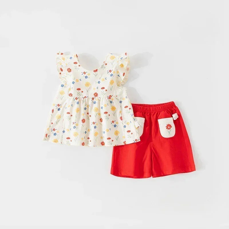 100% Cotton Flutter-Sleeve Top & Pants Set - Floral Garden & Bowknot - Organic Cotton Clubs