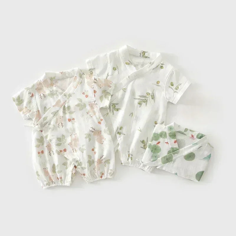 Cotton & Bamboo Muslin Short Sleeve Kimono Romper - Lemon - Organic Cotton Clubs