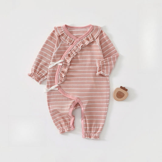 100% Cotton Long-Sleeve Kimono Romper - Red Stripe