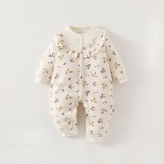 100% Cotton Quilted Long Sleeve Snap-Up Romper - Fruits & Leaves