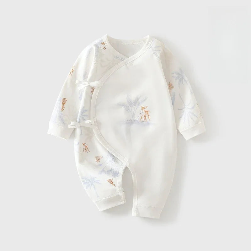 100% Cotton Long-Sleeve Kimono Romper - Green Deer