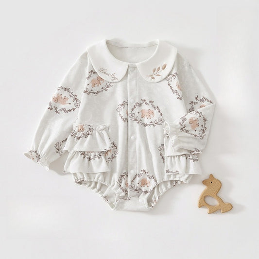 100% Cotton Long Sleeve Pullover Bodysuit - Cute Elephant & Flowers