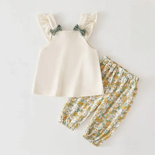 Cotton Flutter-Sleeve Top & Pants Set - Yellow Floral Pants - Organic Cotton Clubs
