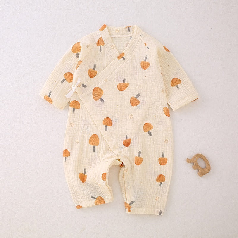 100% Cotton Long-Sleeve Kimono Romper - Strawberry & Flowers