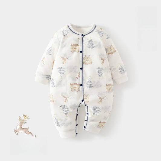 100% Cotton Quilted Long Sleeve Snap-Up Romper - Blue Tree