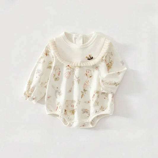 100% Cotton Long Sleeve Pullover Bodysuit - Pigeon with Flower