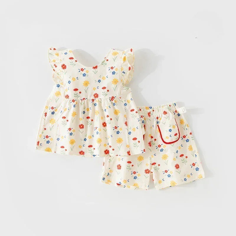 100% Cotton Flutter-Sleeve Top & Pants Set - Floral Garden & Bowknot - Organic Cotton Clubs