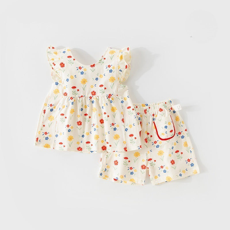 100% Cotton Flutter-Sleeve Top & Pants Set - Floral Garden & Bowknot - Organic Cotton Clubs