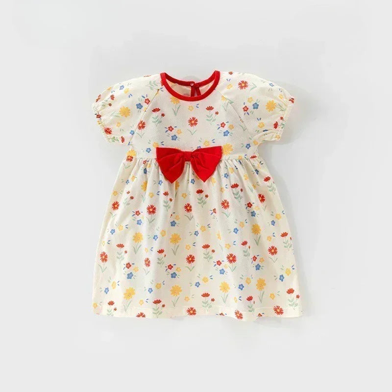100% Cotton Short Sleeve Dress - Red Bowknot Garden - Organic Cotton Clubs