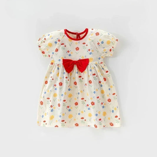 100% Cotton Short Sleeve Dress - Red Bowknot Garden - Organic Cotton Clubs