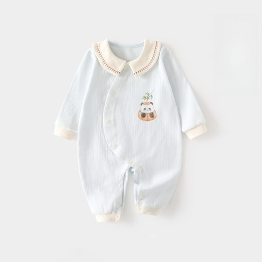 100% Cotton Long Sleeve Snap-Up Romper - Blue Panda